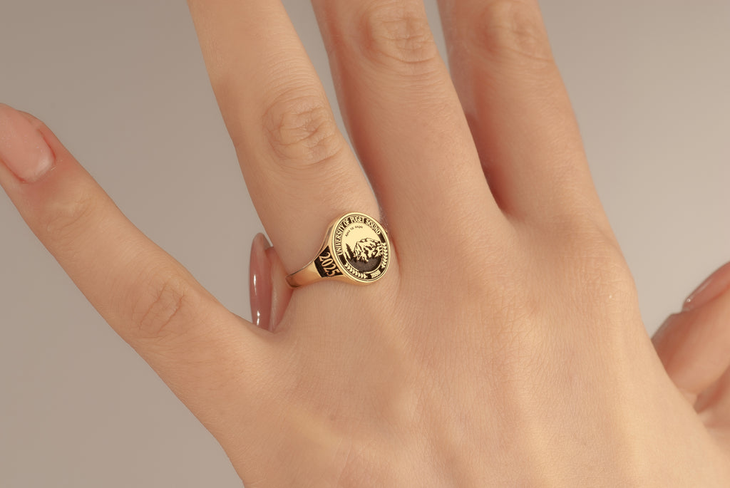 Custom Solid 14K Gold College Class Ring – Personalized School Crest Ring - School Emblem Class Ring – Personalized Graduation Ring