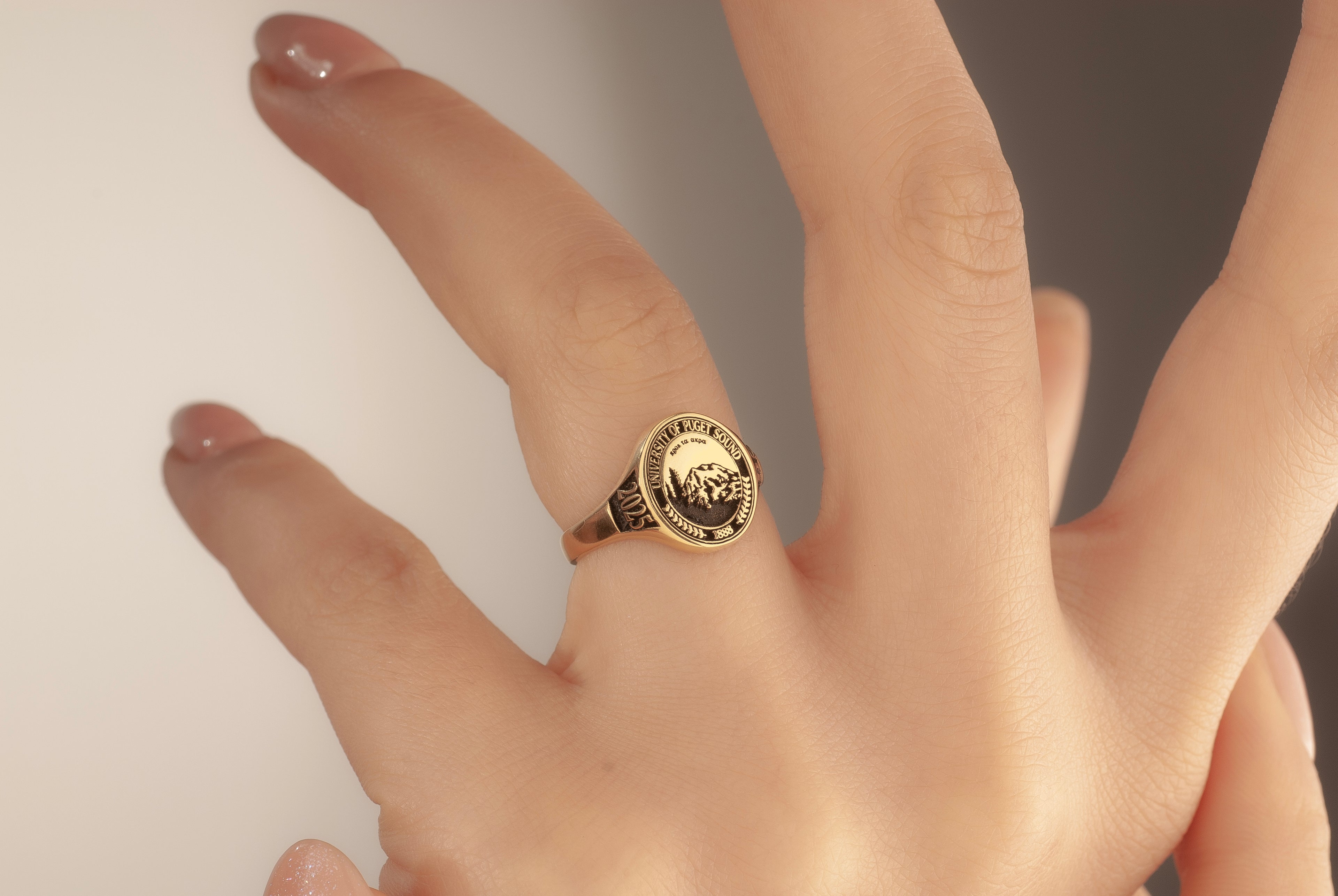 Round school emblem adapted to an oval signet ring