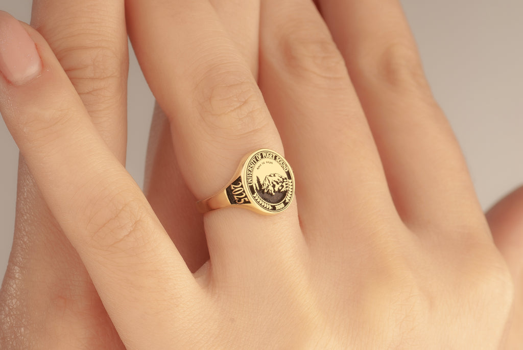 Custom Solid 14K Gold College Class Ring – Personalized School Crest Ring - School Emblem Class Ring – Personalized Graduation Ring