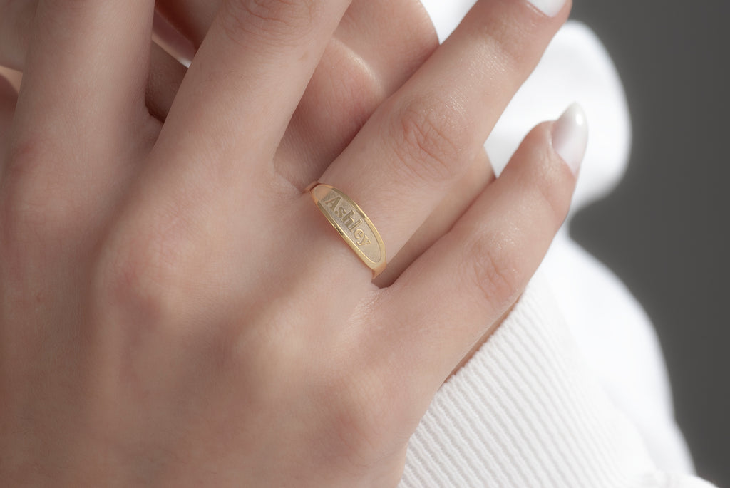 Solid 14K Gold Personalized Embossed Name Ring – Custom Engraved Band