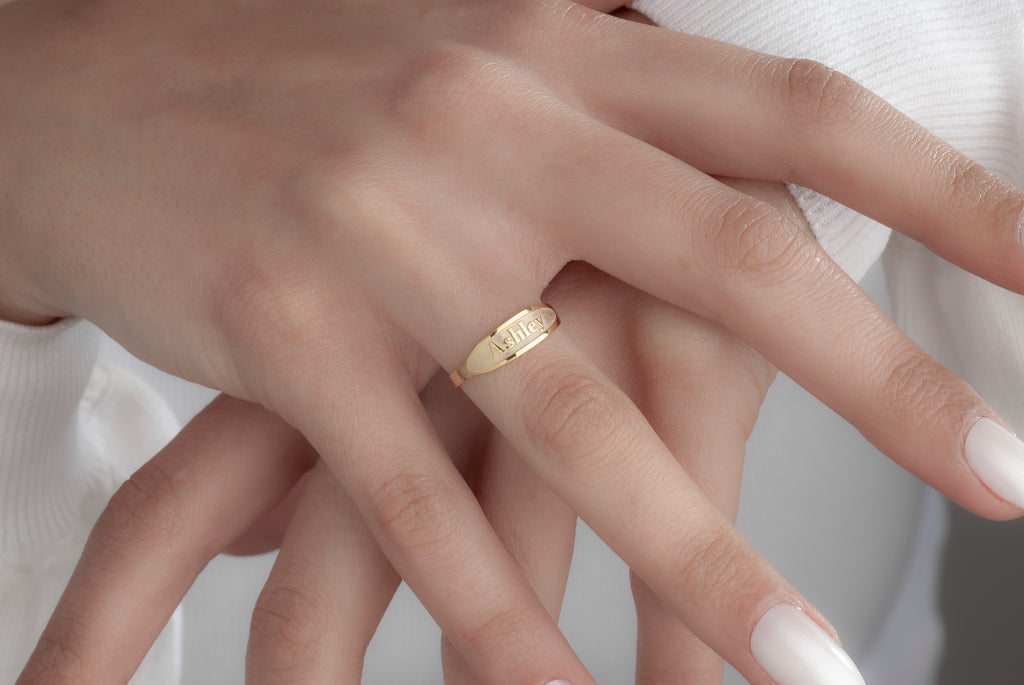 Solid 14K Gold Personalized Embossed Name Ring – Custom Engraved Band