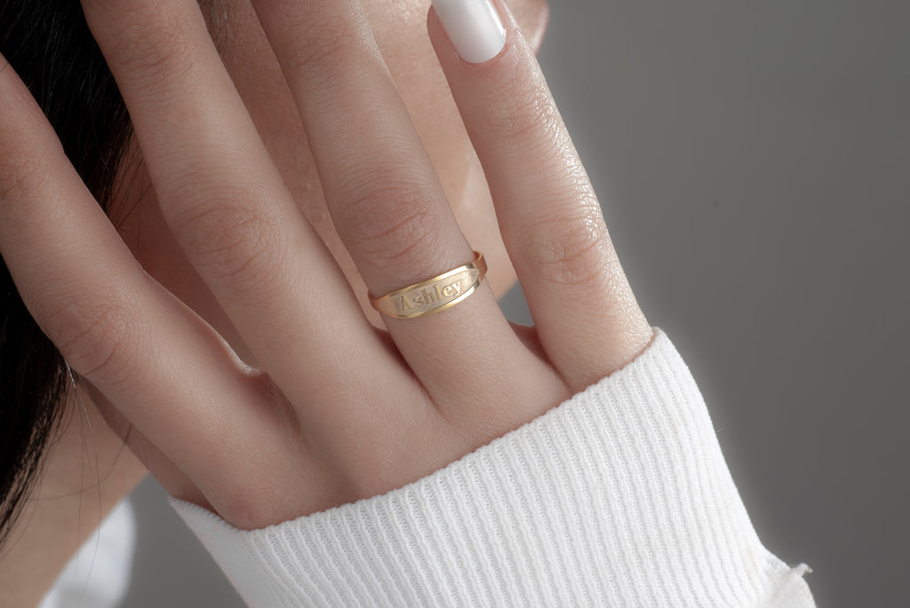 Solid 14K Gold Personalized Embossed Name Ring – Custom Engraved Band