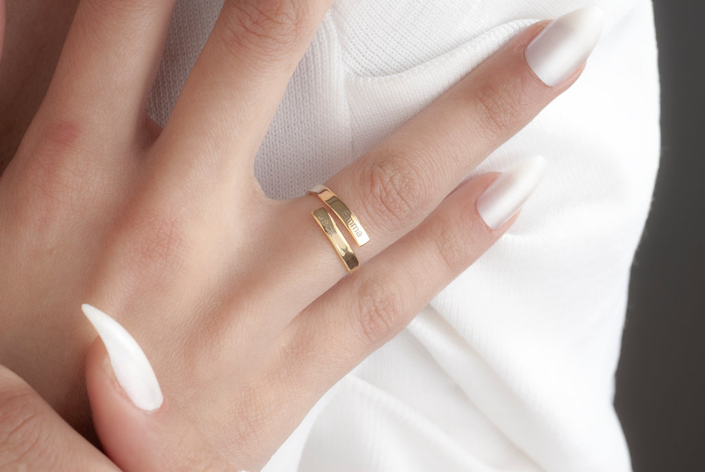 Personalized two name ring worn on hand