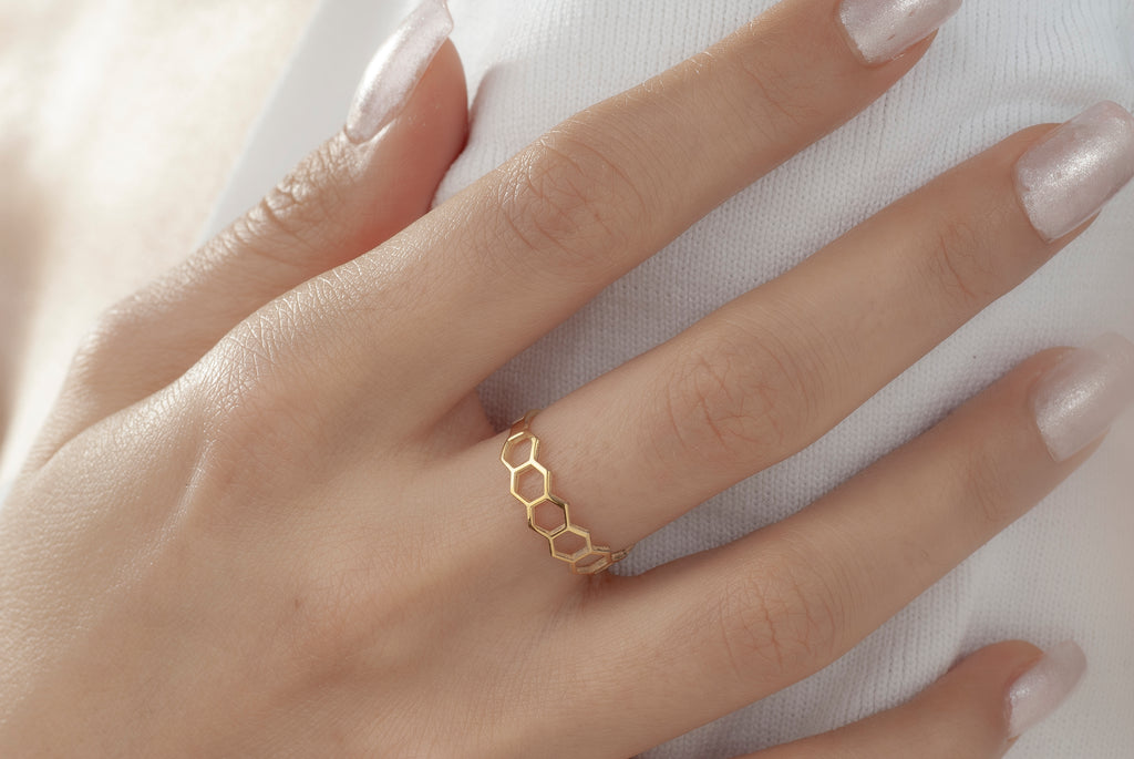 Open hexagon honeycomb ring in solid gold