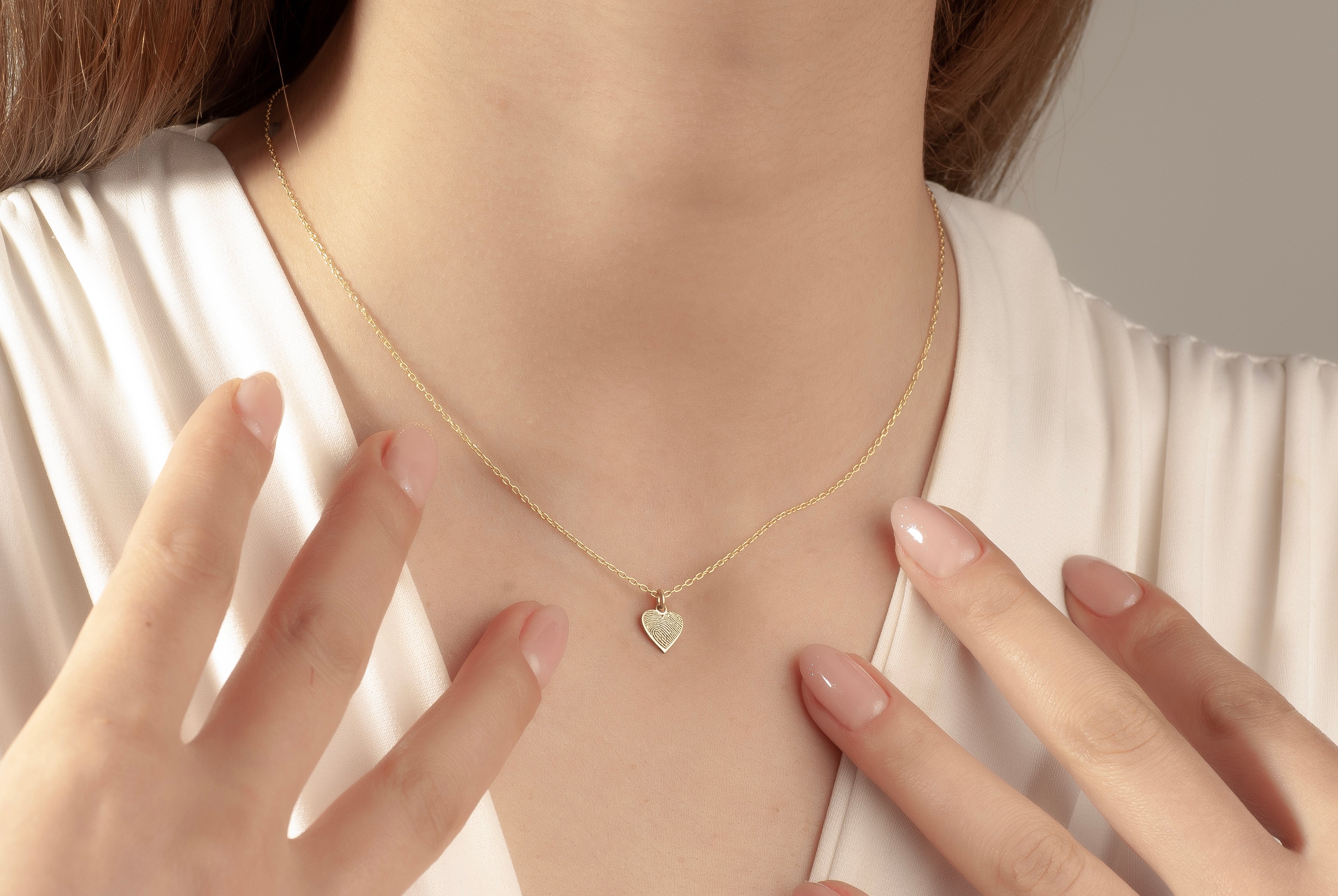 14K Gold Heart Fingerprint Necklace, Tiny Fingerprint Pendant, Personalized Fingerprint Charm Necklace, Gift for Mom, Memorial Jewelry Gift