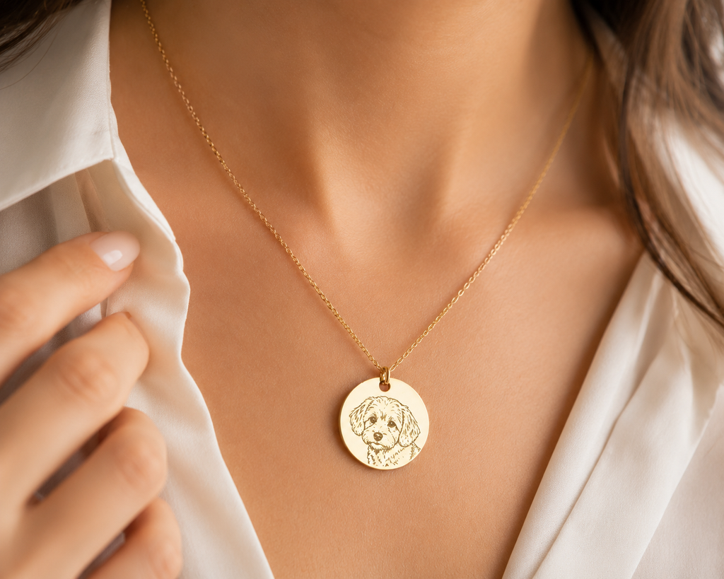 Custom pet photo necklace worn at the neckline