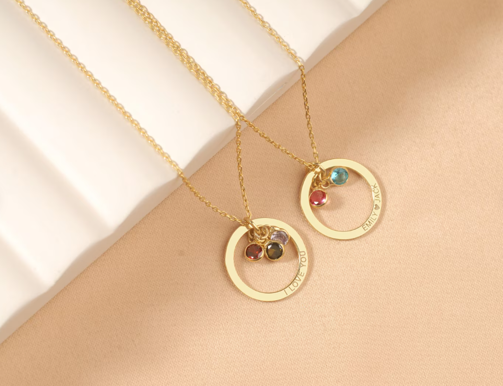 Personalized 14K Gold Birthstone Necklace, Mom Name Necklace with Birthstone, Circle Necklace, Engraved Jewelry, Custom Birthstone Pendant