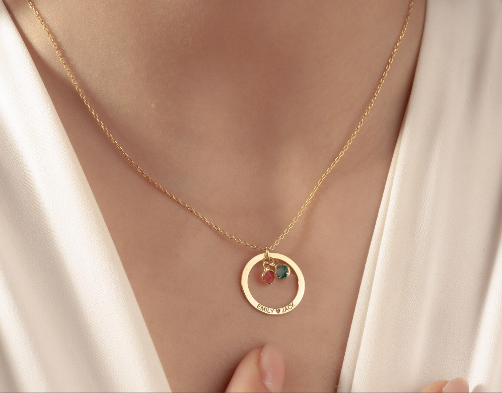 Personalized 14K Gold Birthstone Necklace, Mom Name Necklace with Birthstone, Circle Necklace, Engraved Jewelry, Custom Birthstone Pendant