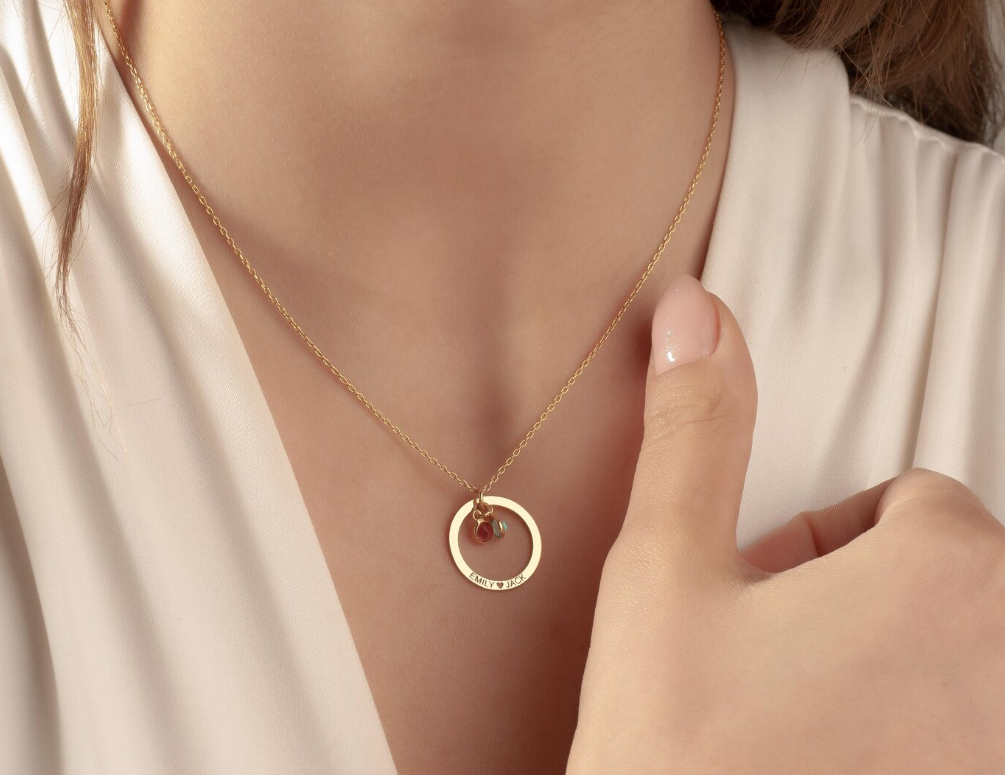 Personalized 14K Gold Birthstone Necklace, Mom Name Necklace with Birthstone, Circle Necklace, Engraved Jewelry, Custom Birthstone Pendant