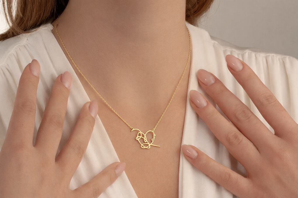 Personalized self-love heart necklace worn by a woman