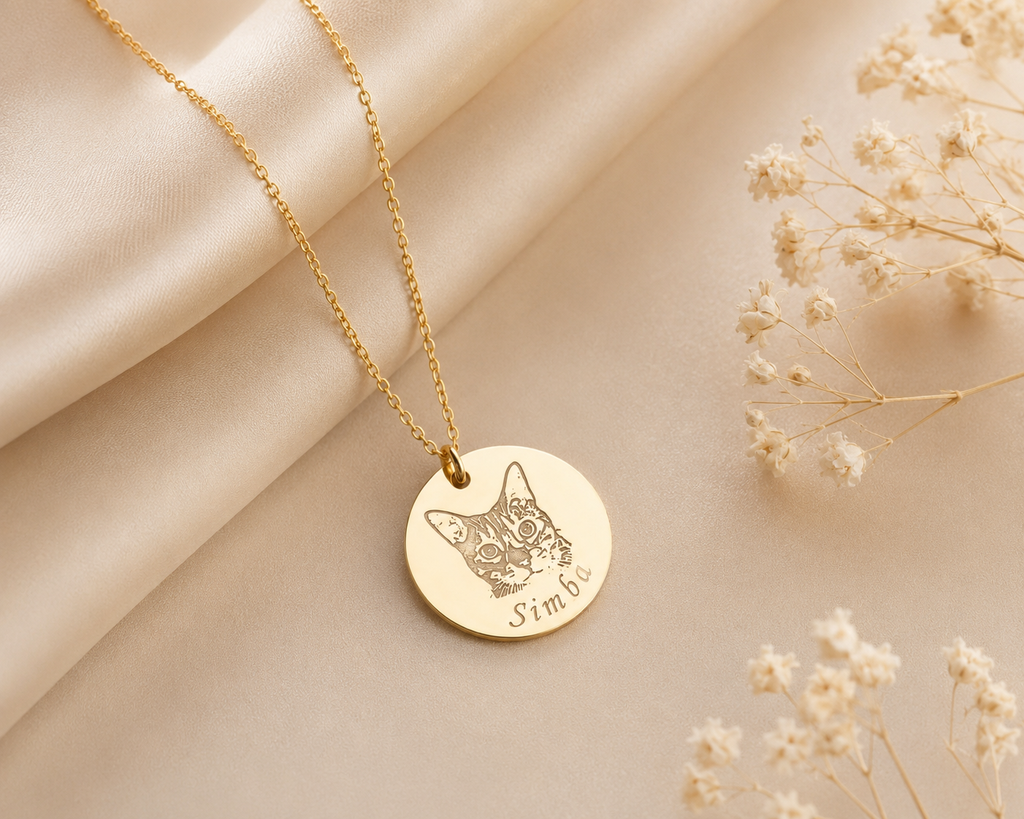 Personalized cat photo necklace with engraved portrait