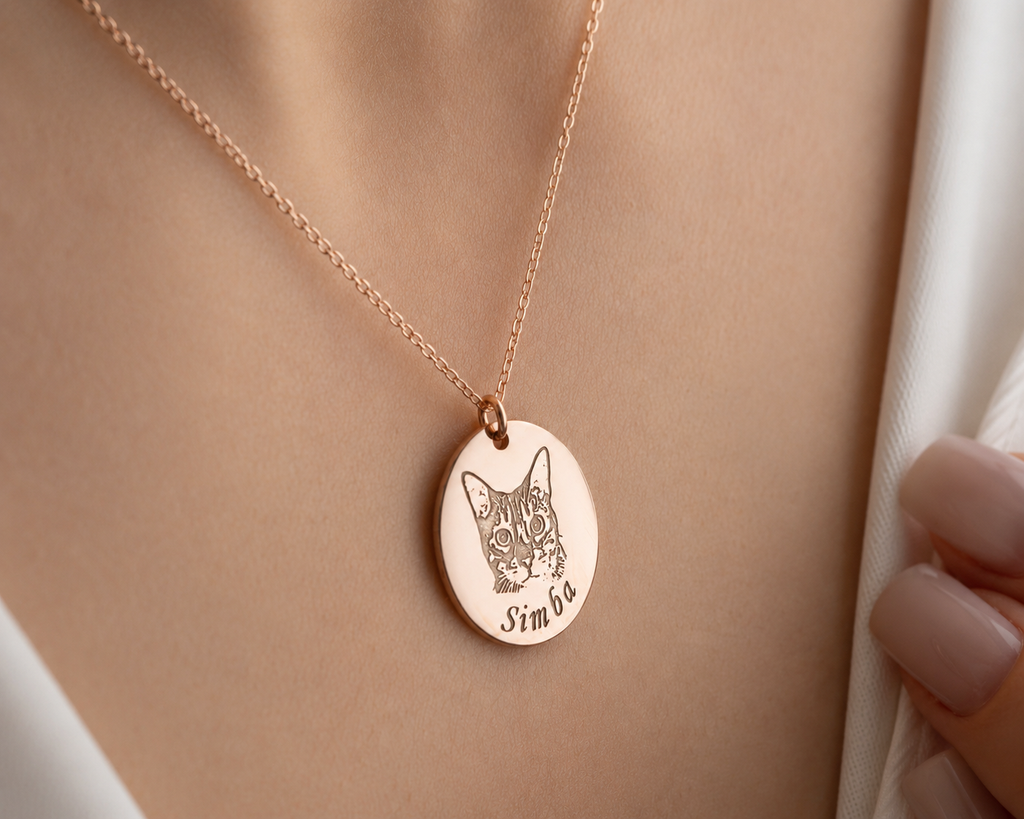 Original dog photo beside the finished custom pet portrait necklace