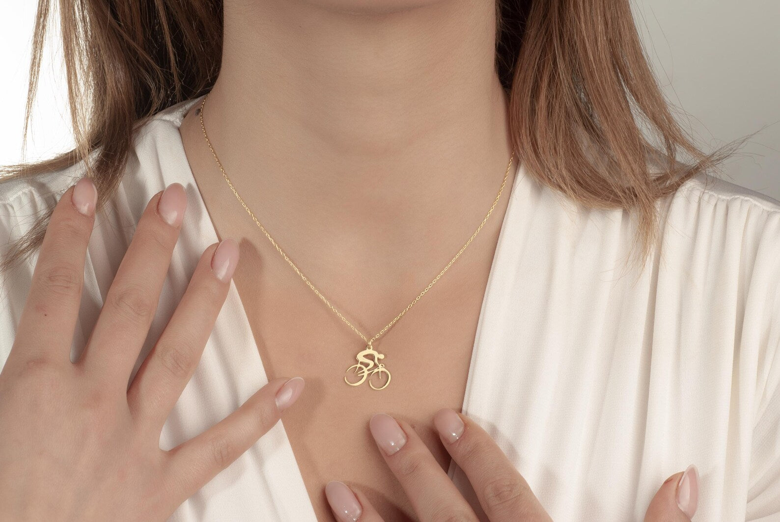 14K Gold Cyclist Pendant Necklace, Silver Bike Necklace, Minimalist Sports Jewelry, Cyclist Gifts, Biker Pendant, Christmas Gift
