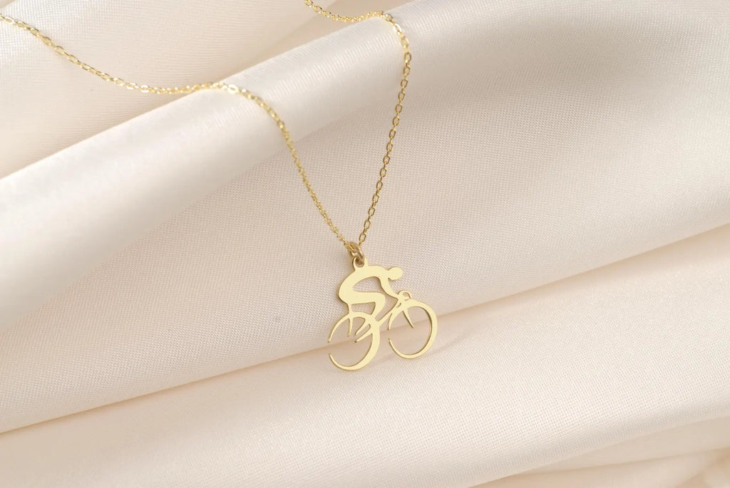 14K Gold Cyclist Pendant Necklace, Silver Bike Necklace, Minimalist Sports Jewelry, Cyclist Gifts, Biker Pendant, Christmas Gift