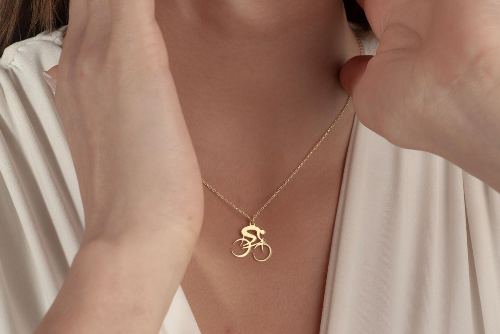 14K Gold Cyclist Pendant Necklace, Silver Bike Necklace, Minimalist Sports Jewelry, Cyclist Gifts, Biker Pendant, Christmas Gift
