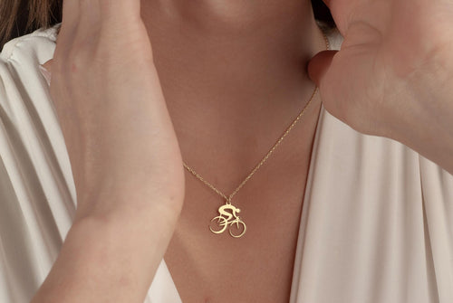 14K Gold Cyclist Pendant Necklace, Silver Bike Necklace, Minimalist Sports Jewelry, Cyclist Gifts, Biker Pendant, Christmas Gift