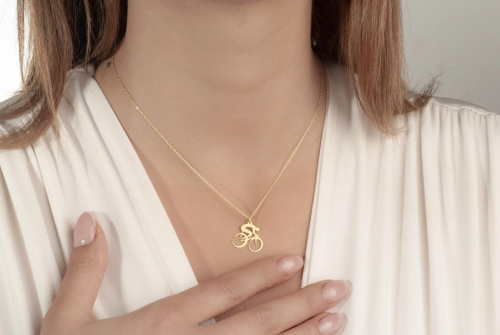 14K Gold Cyclist Pendant Necklace, Silver Bike Necklace, Minimalist Sports Jewelry, Cyclist Gifts, Biker Pendant, Christmas Gift