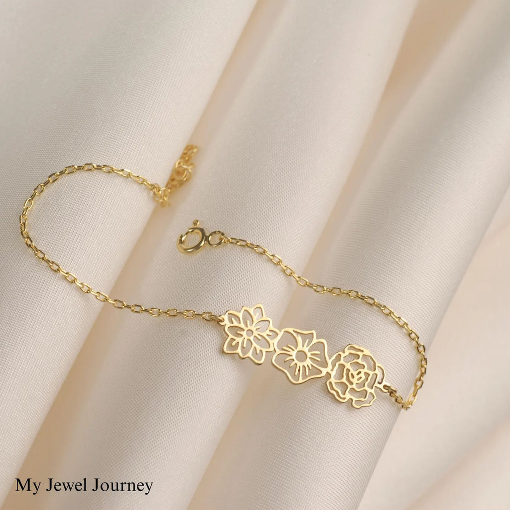 Personalized 14K Gold Birth Flower Bracelet, Birth Flower Family Bracelet, Personalized Gift for Mom, Birth Flowers Jewelry, Birthday Gift
