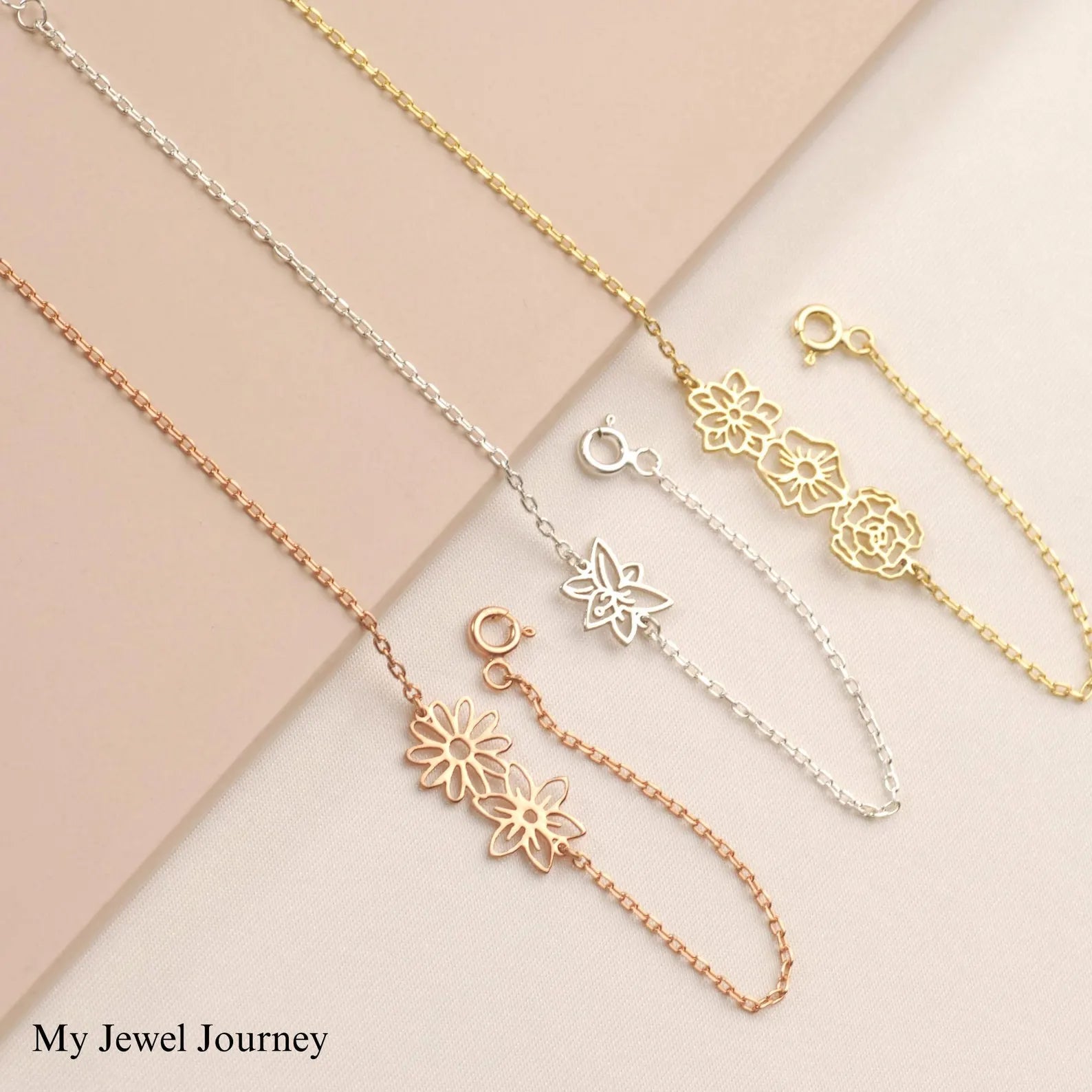 Personalized 14K Gold Birth Flower Bracelet, Birth Flower Family Bracelet, Personalized Gift for Mom, Birth Flowers Jewelry, Birthday Gift