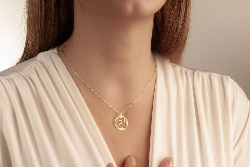 14K Gold Personalized Volleyball Necklace, Name Engraved Volleyball Pendant, Engraved Sports Pendant, Sports Gift for Her, Christmas Gift