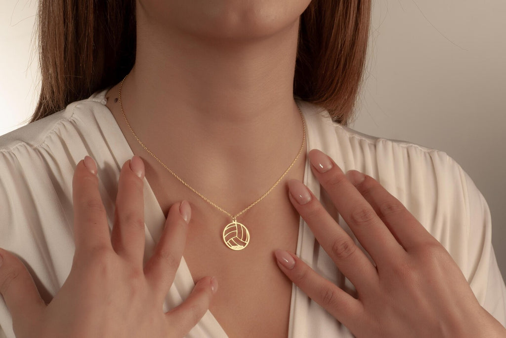 14K Gold Personalized Volleyball Necklace, Name Engraved Volleyball Pendant, Engraved Sports Pendant, Sports Gift for Her, Christmas Gift