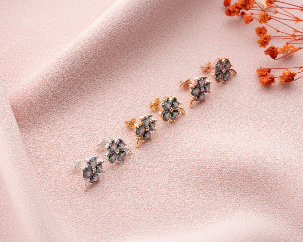 Sterling Silver Mystical Topaz Clover Earrings, Lucky Clover Earrings, Cute Earrings For Her, Four Leaf Dainty Earrings, Flower Earrings