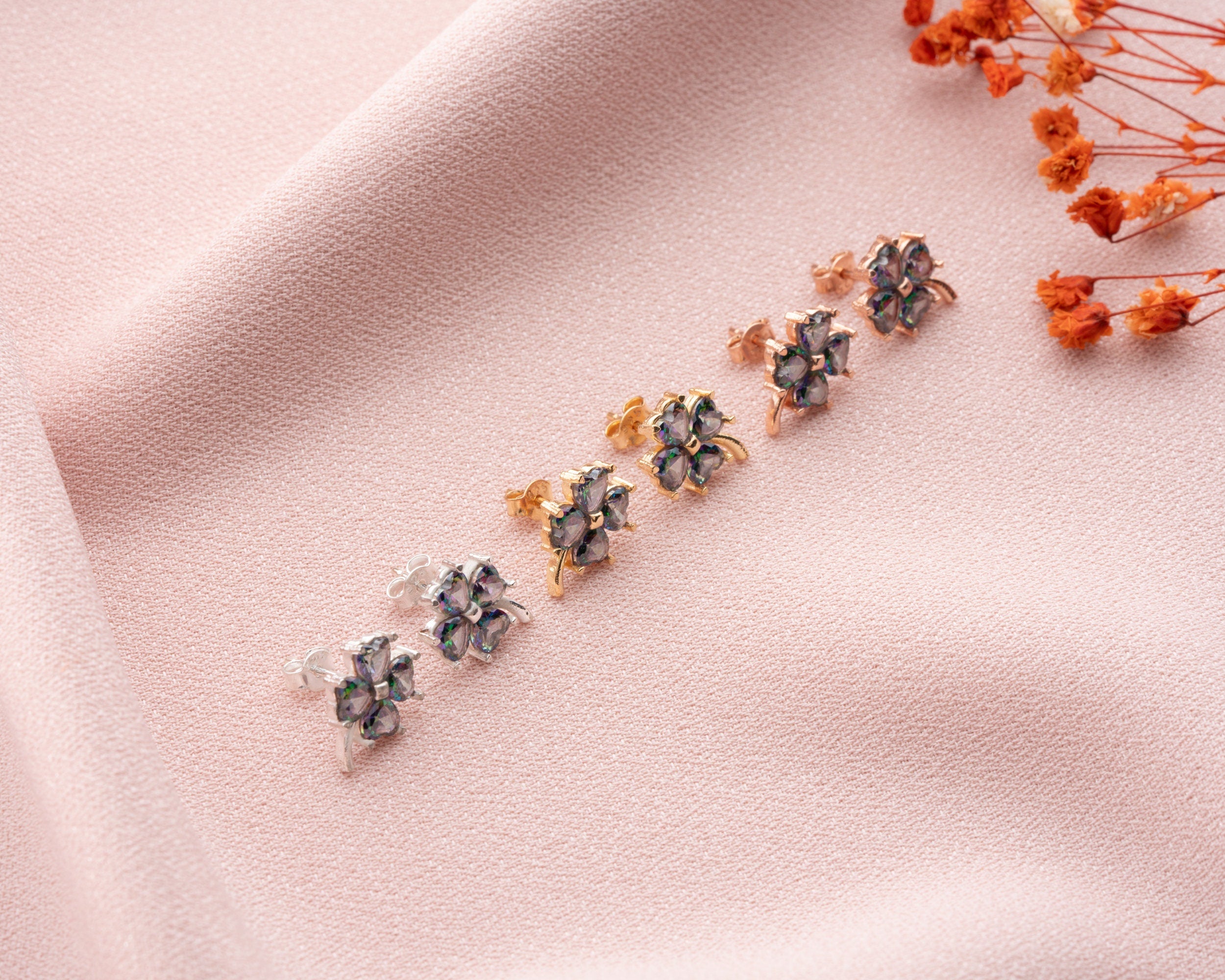 Sterling Silver Mystical Topaz Clover Earrings, Lucky Clover Earrings, Cute Earrings For Her, Four Leaf Dainty Earrings, Flower Earrings