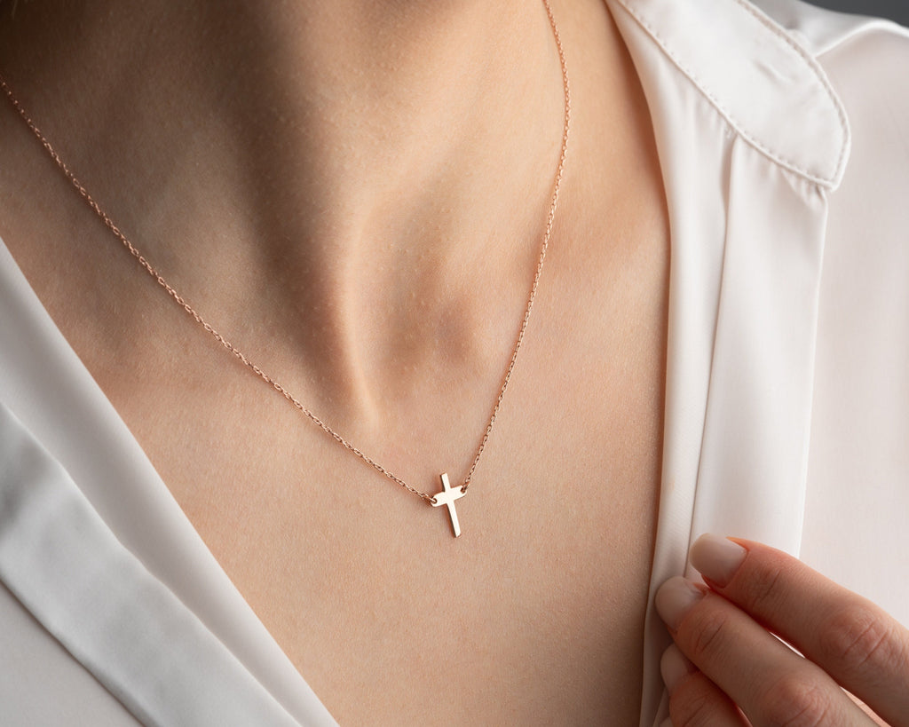 14K Gold Cross Necklace, Dainty Religious Necklace, 8K Gold Cross Necklace, Cathalic Crucifix Necklace, Christian Cross, Gift For Mother
