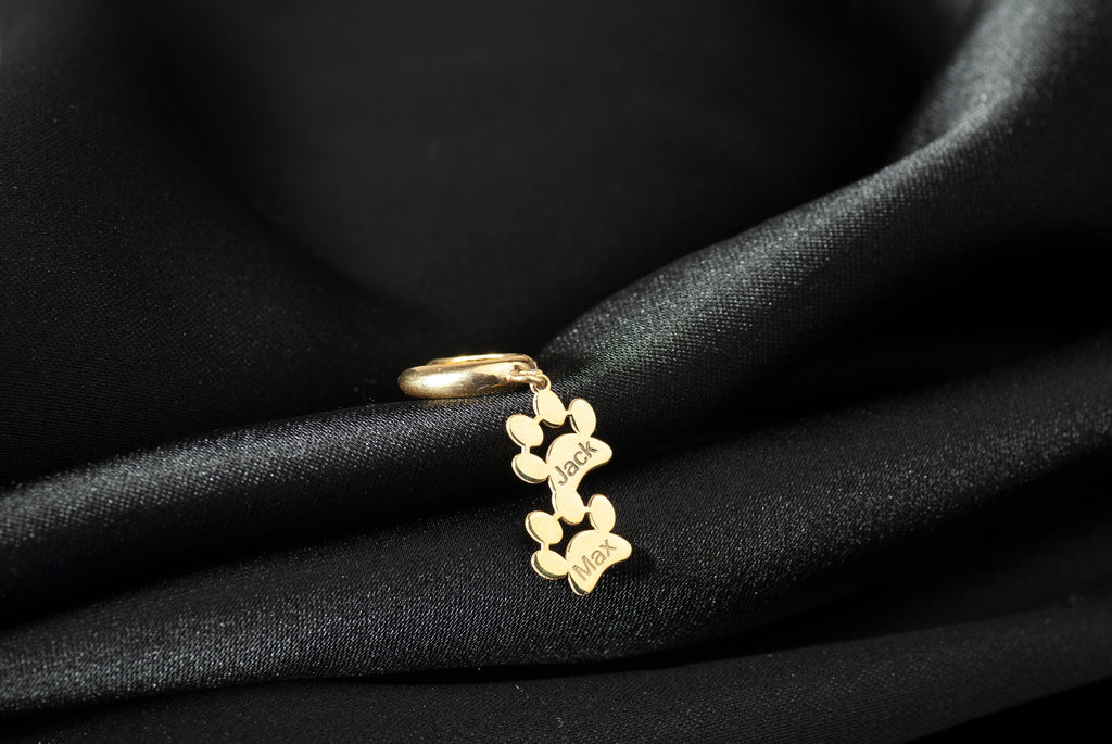 14K Gold Dog Paw Print Name Earrings, Pet Paw Earrings, Pet Dangle Letter Earrings, Pet Memorial Gift, Pet Lovers Jewelry, Mom Name Earrings