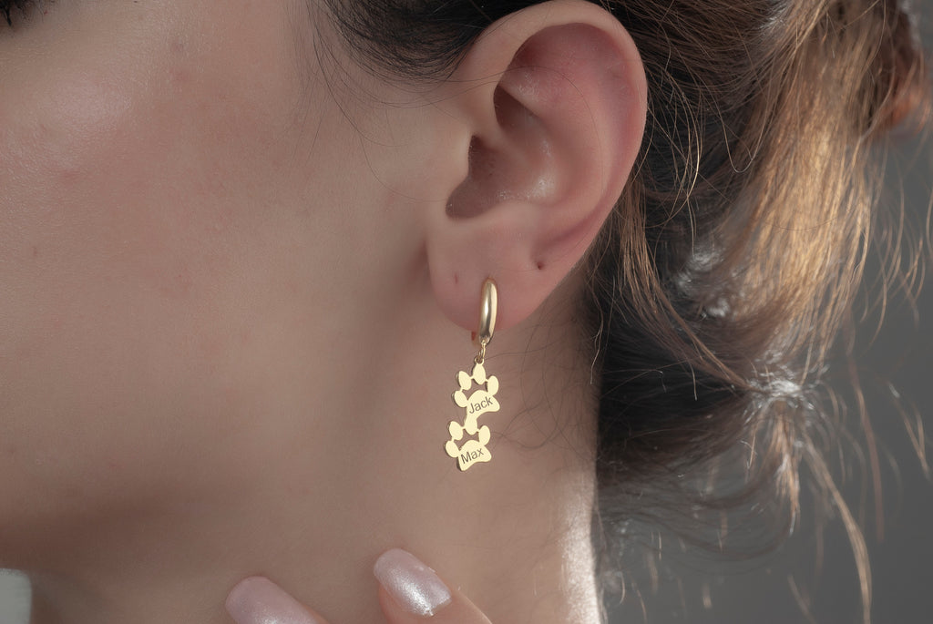 14K Gold Dog Paw Print Name Earrings, Pet Paw Earrings, Pet Dangle Letter Earrings, Pet Memorial Gift, Pet Lovers Jewelry, Mom Name Earrings
