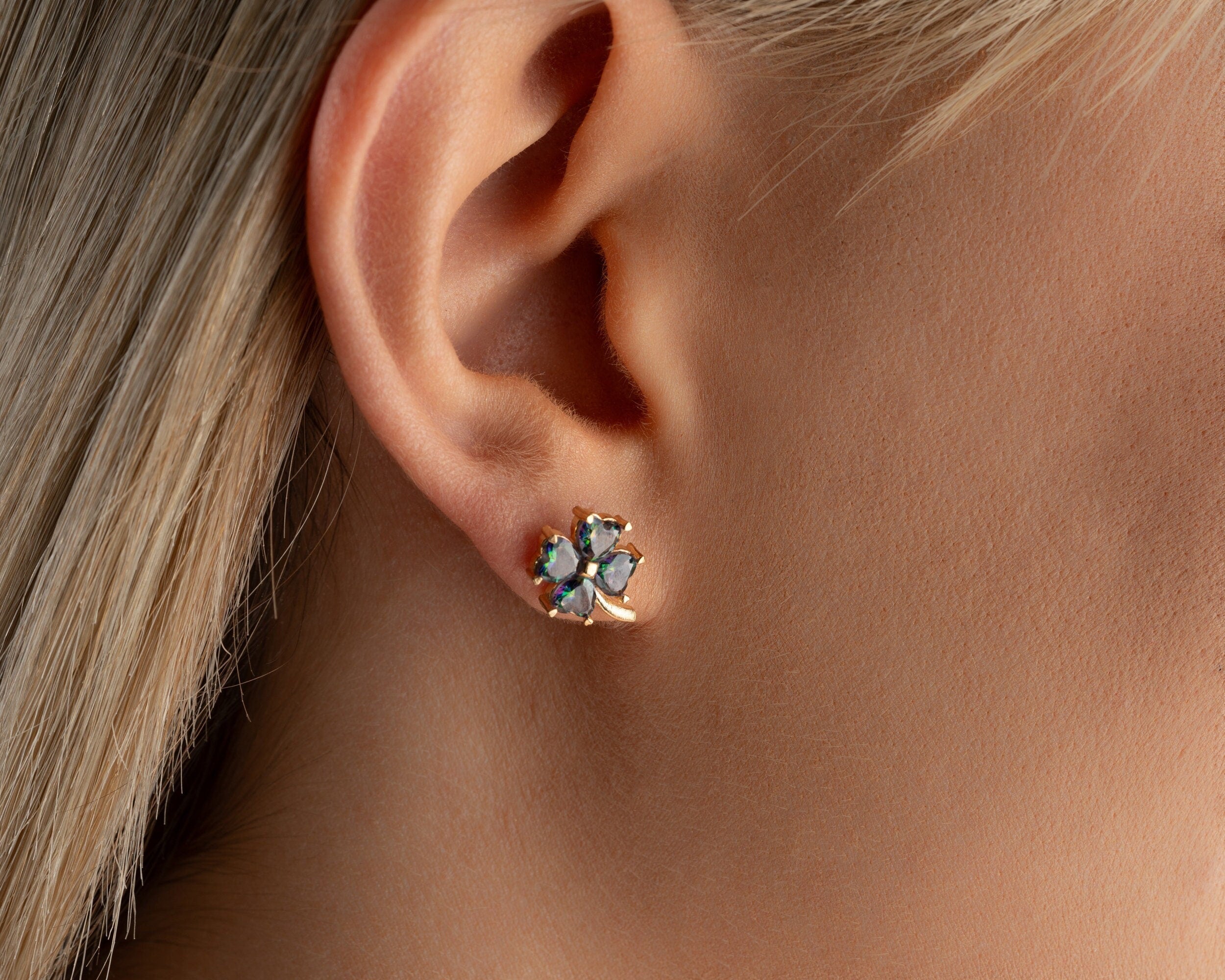 Sterling Silver Mystical Topaz Clover Earrings, Lucky Clover Earrings, Cute Earrings For Her, Four Leaf Dainty Earrings, Flower Earrings
