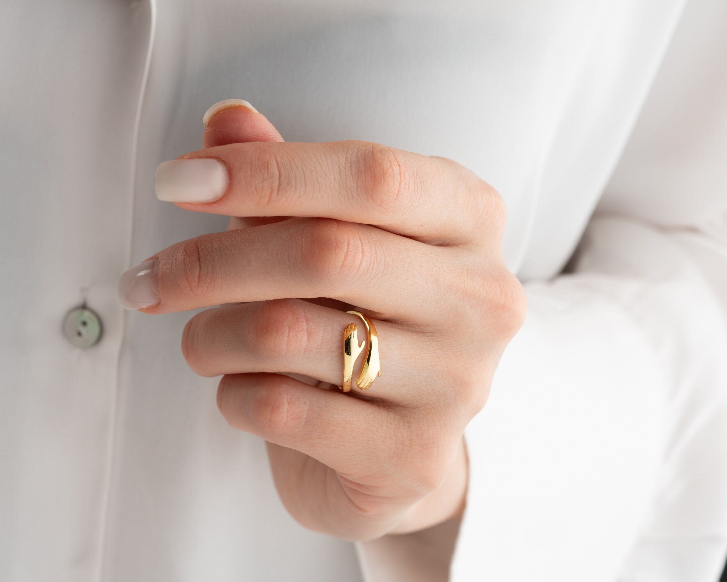 14K Gold Adjustable Love Hug Ring, Gold Embracing Hands Ring, 8K Solid Gold Hug Ring, Couple Wrap Ring, Friendship Ring, Couple Rings