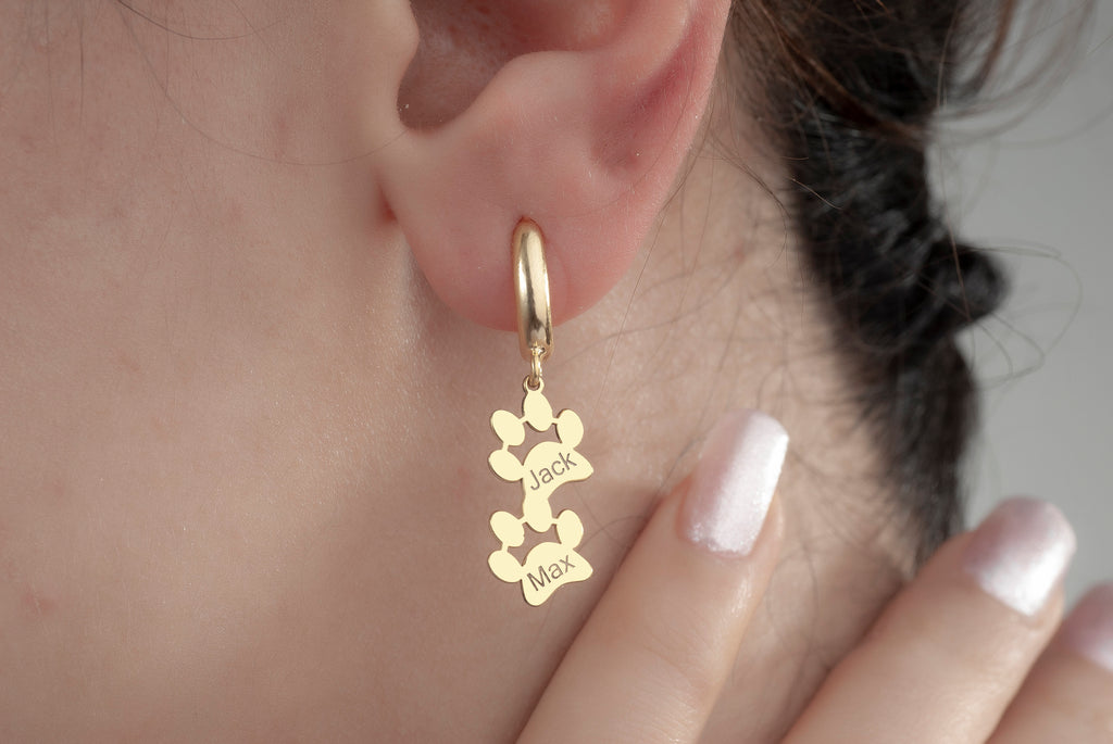 14K Gold Dog Paw Print Name Earrings, Pet Paw Earrings, Pet Dangle Letter Earrings, Pet Memorial Gift, Pet Lovers Jewelry, Mom Name Earrings