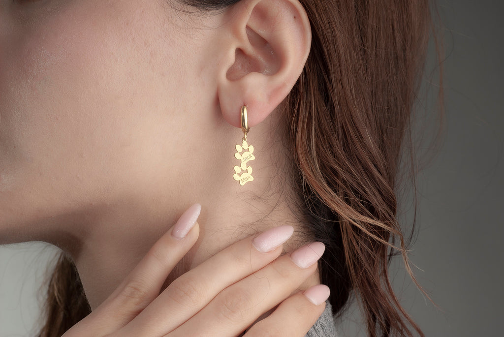 14K Gold Dog Paw Print Name Earrings, Pet Paw Earrings, Pet Dangle Letter Earrings, Pet Memorial Gift, Pet Lovers Jewelry, Mom Name Earrings