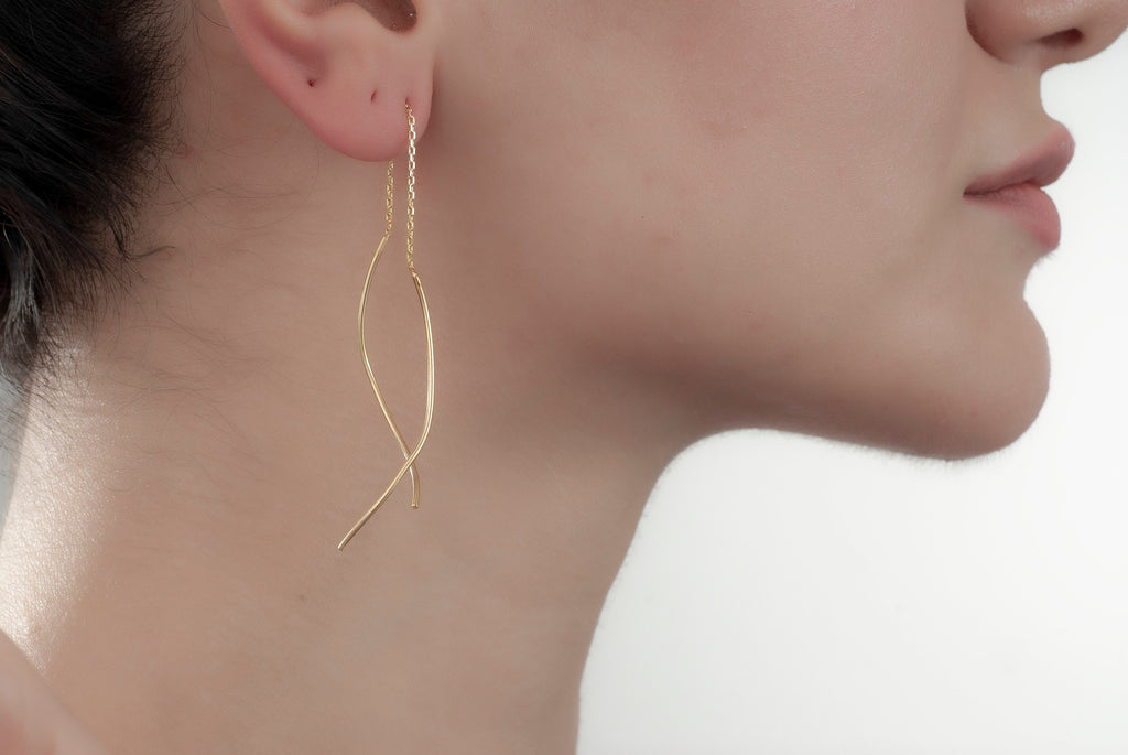 14K Gold Wave Wire Earrings, Wave Earrings, Lightweight Earrings, Statement Earrings, Threader Earrings, Mother Days Gift, 14K Gold Earrings
