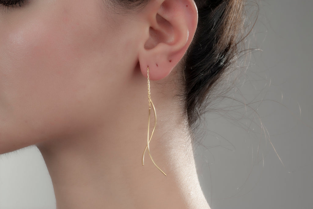 14K Gold Wave Wire Earrings, Wave Earrings, Lightweight Earrings, Statement Earrings, Threader Earrings, Mother Days Gift, 14K Gold Earrings