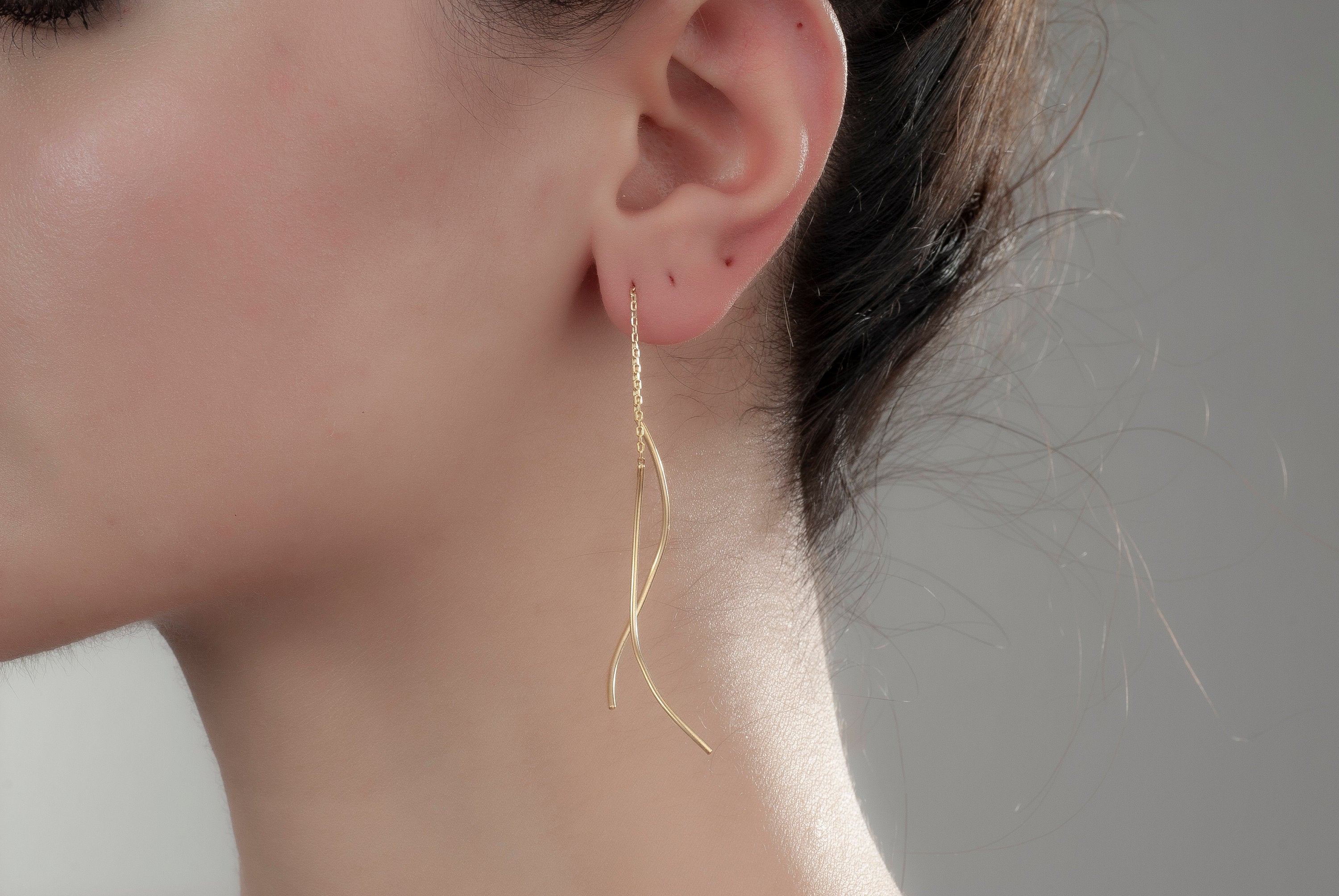 14K Gold Wave Wire Earrings, Wave Earrings, Lightweight Earrings, Statement Earrings, Threader Earrings, Mother Days Gift, 14K Gold Earrings
