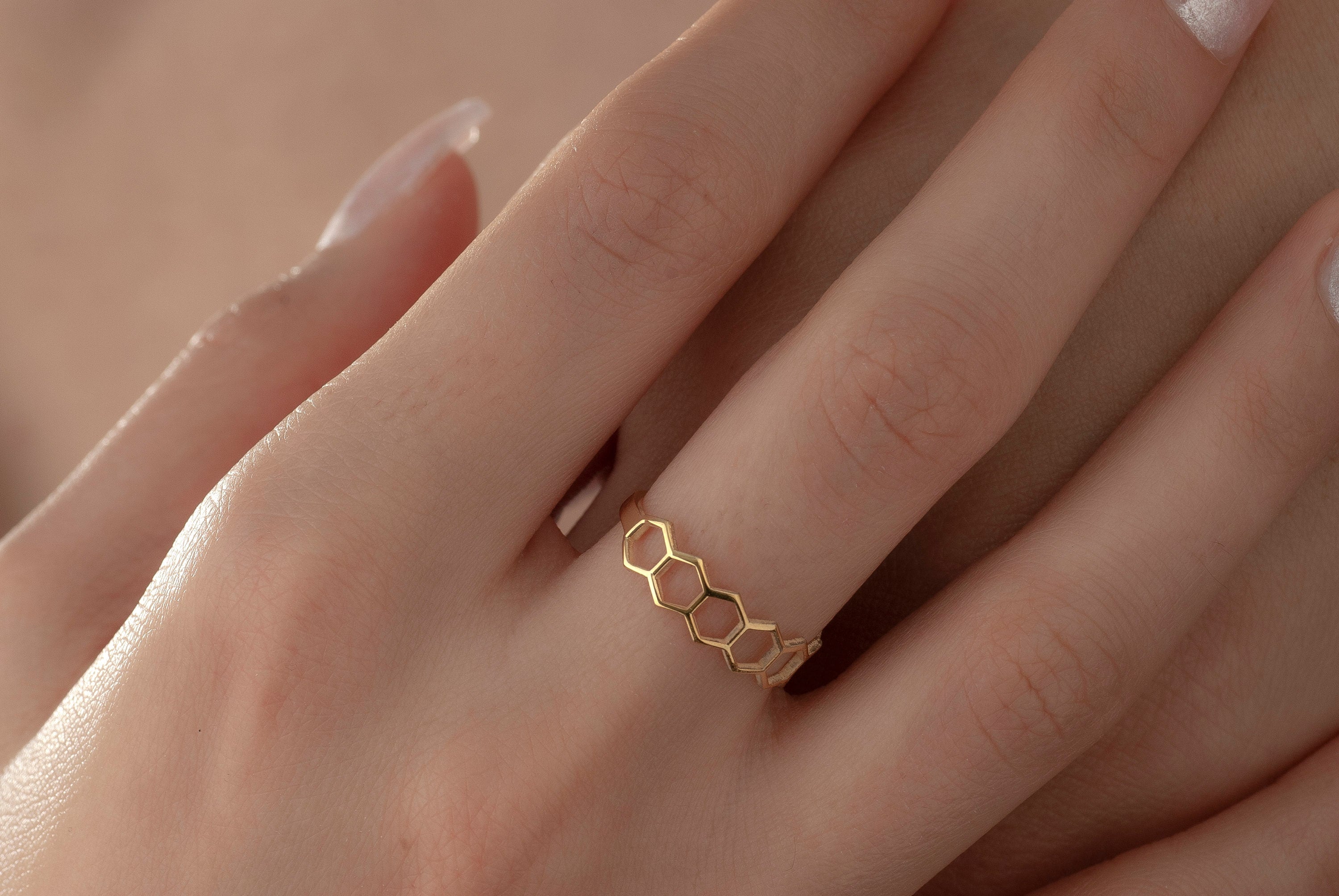 14K Gold Honeycomb Ring, Sterling Silver Honeycomb Ring, Hexagon Ring, Dainty Stackable Ring, Honey Bee Ring, Geometric Rings, Gift for Mom