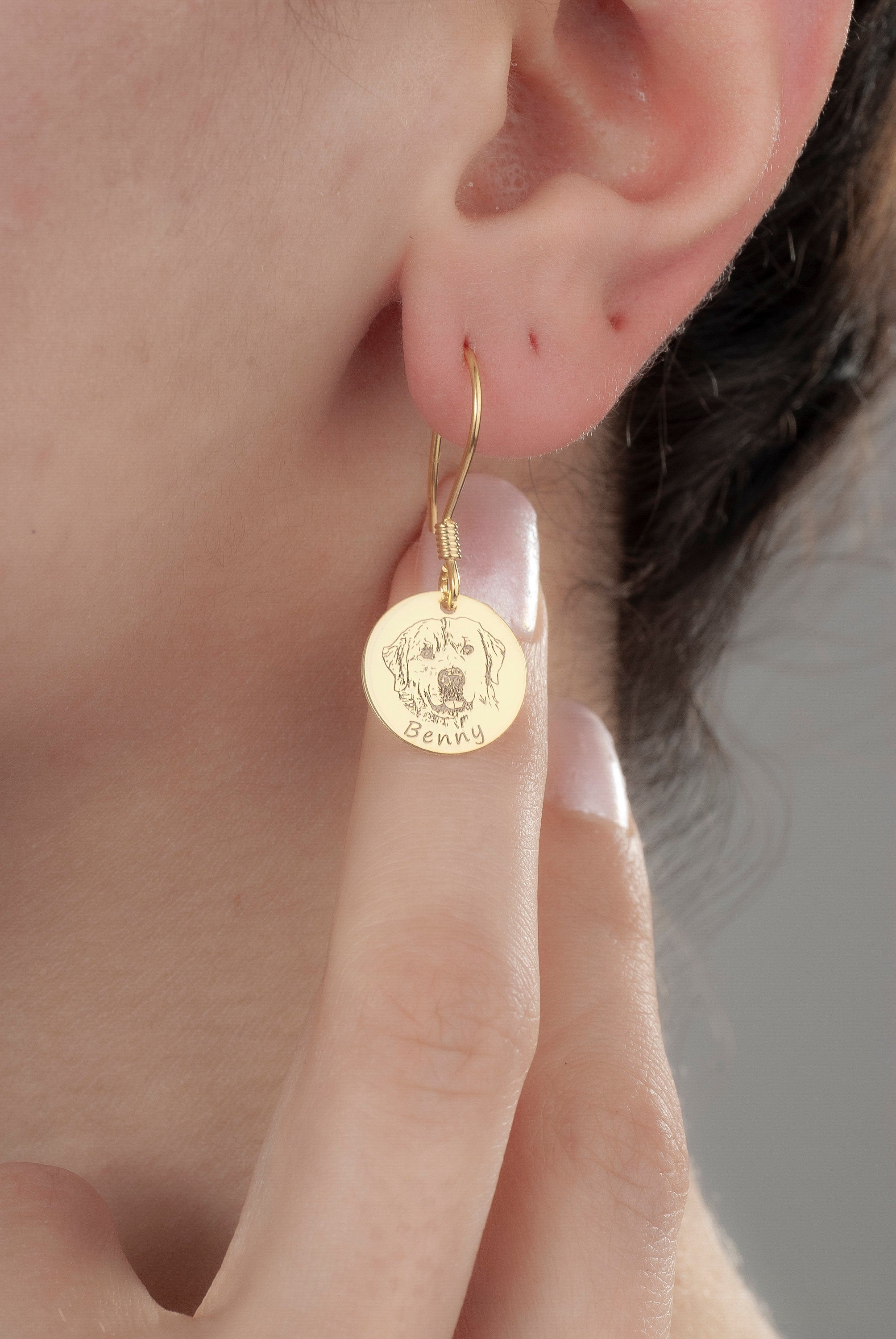 Personalized 14K Gold Pet Photo Earrings, Custom Pet Portrait Earrings,14K Gold Dog Photo Earrings, Pet Earrings, Dog Earrings, Pet Jewelry