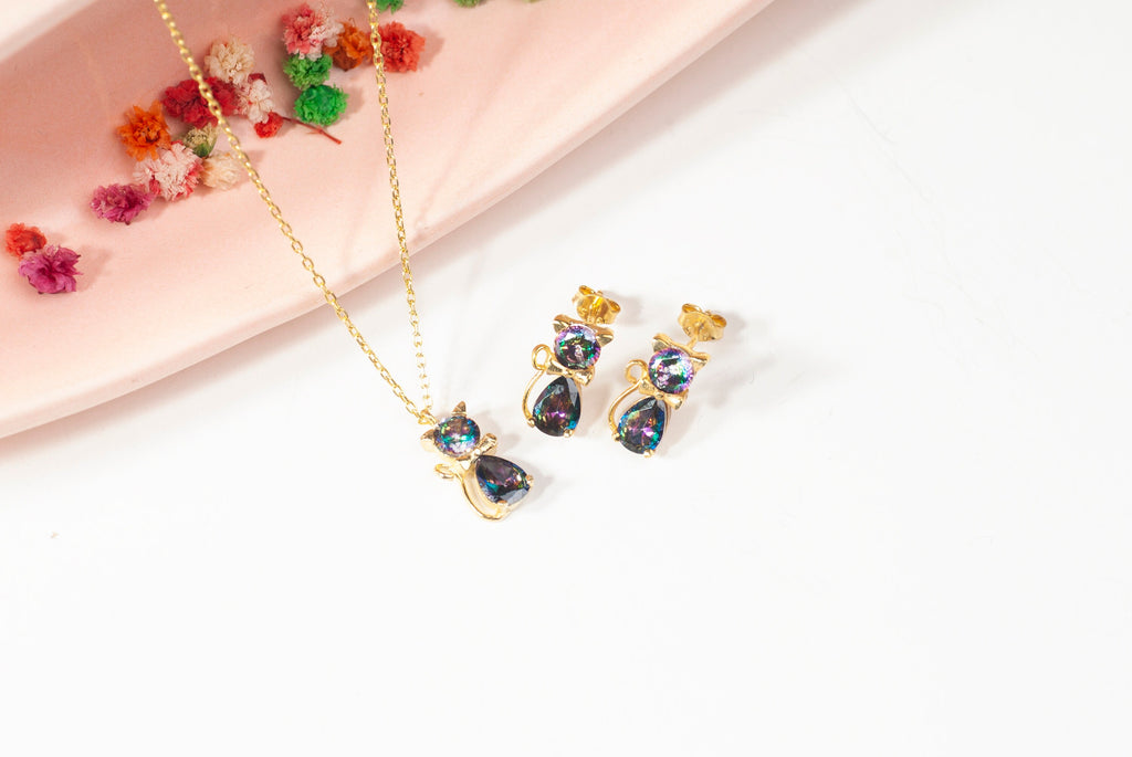Silver Mystical Topaz Cat Earrings, Bowtie Cat Earrings, Cat Studs Earrings, Cat Dangle Earrings For Cat Mom, Kitty Earrings, Gift For Mom