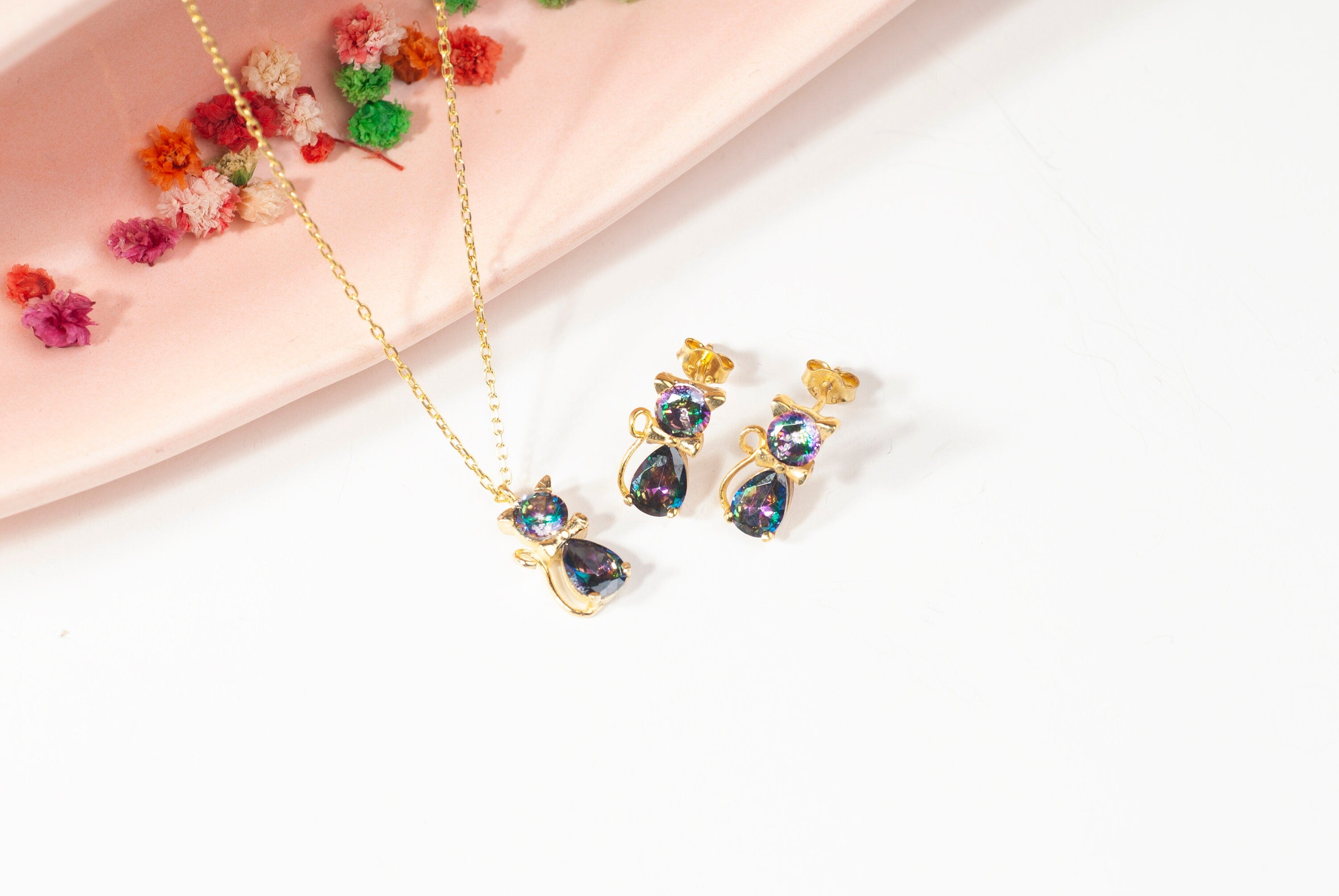 Silver Mystical Topaz Cat Earrings, Bowtie Cat Earrings, Cat Studs Earrings, Cat Dangle Earrings For Cat Mom, Kitty Earrings, Gift For Mom