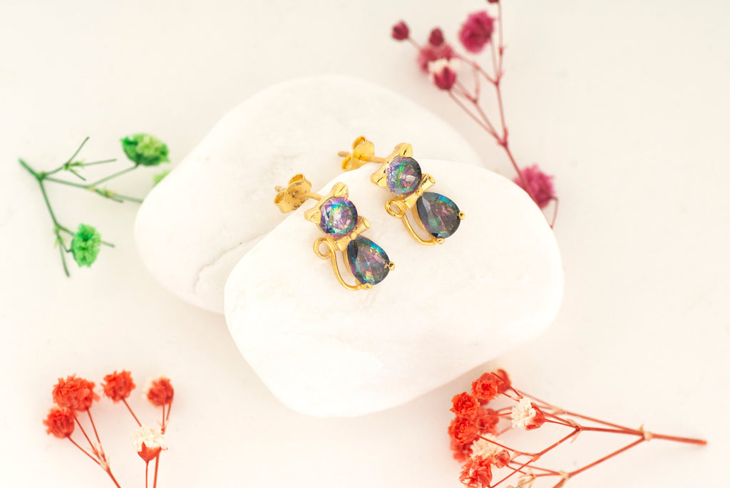 Silver Mystical Topaz Cat Earrings, Bowtie Cat Earrings, Cat Studs Earrings, Cat Dangle Earrings For Cat Mom, Kitty Earrings, Gift For Mom