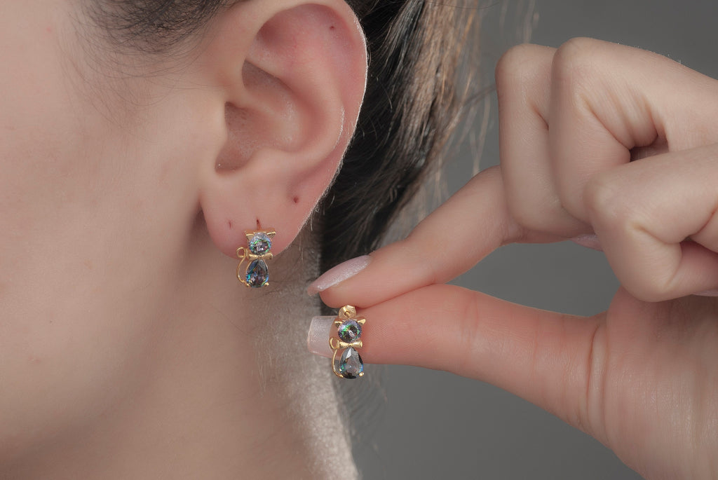 Silver Mystical Topaz Cat Earrings, Bowtie Cat Earrings, Cat Studs Earrings, Cat Dangle Earrings For Cat Mom, Kitty Earrings, Gift For Mom
