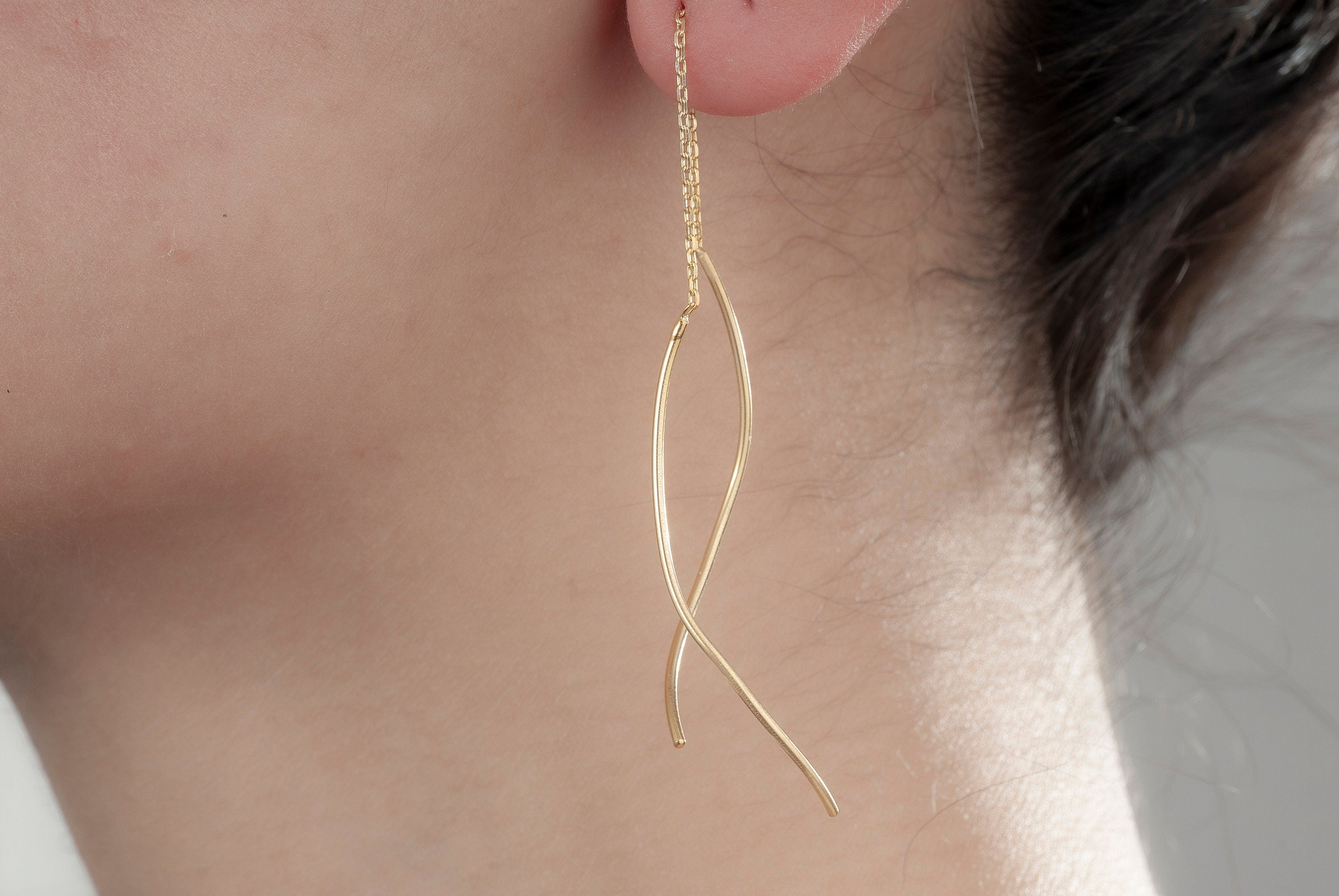 14K Gold Wave Wire Earrings, Wave Earrings, Lightweight Earrings, Statement Earrings, Threader Earrings, Mother Days Gift, 14K Gold Earrings