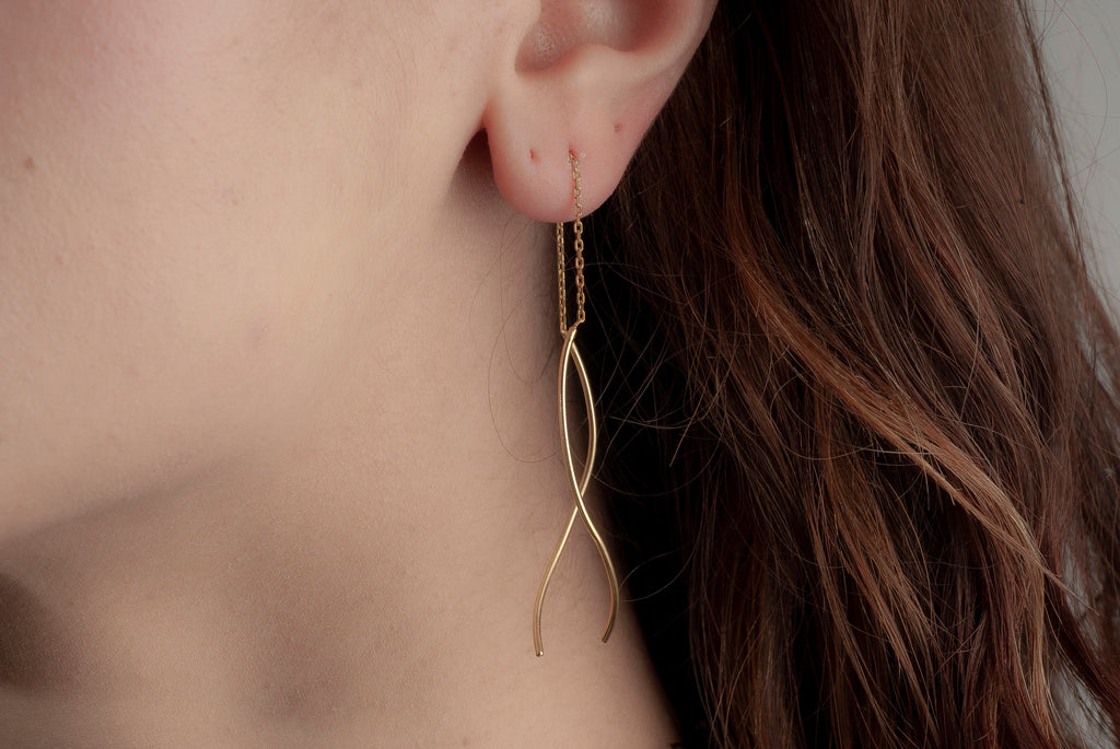 14K Gold Wave Wire Earrings, Wave Earrings, Lightweight Earrings, Statement Earrings, Threader Earrings, Mother Days Gift, 14K Gold Earrings