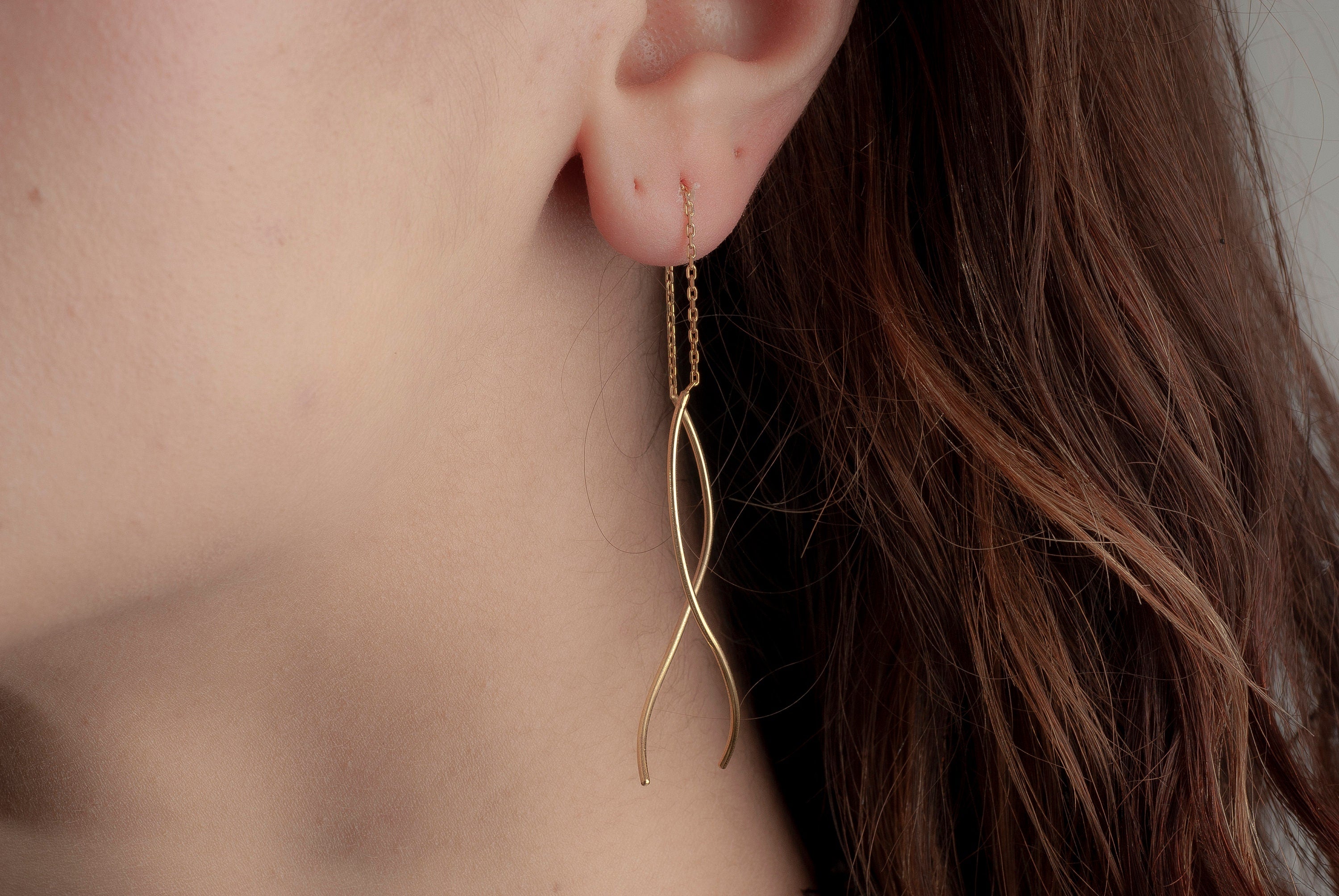 14K Gold Wave Wire Earrings, Wave Earrings, Lightweight Earrings, Statement Earrings, Threader Earrings, Mother Days Gift, 14K Gold Earrings