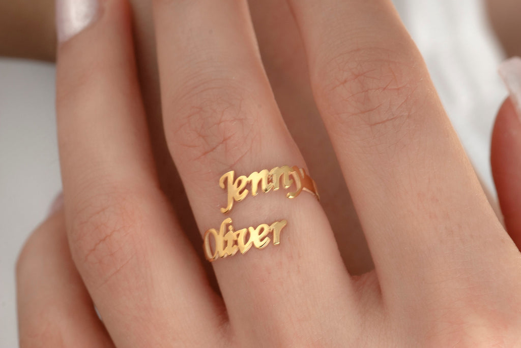 14K Gold Double Name Ring, Two Name Ring, Gold Couple Name Ring, Best Friend Gift, Personalized Ring for Women,Dainty Name Ring, Custom Ring