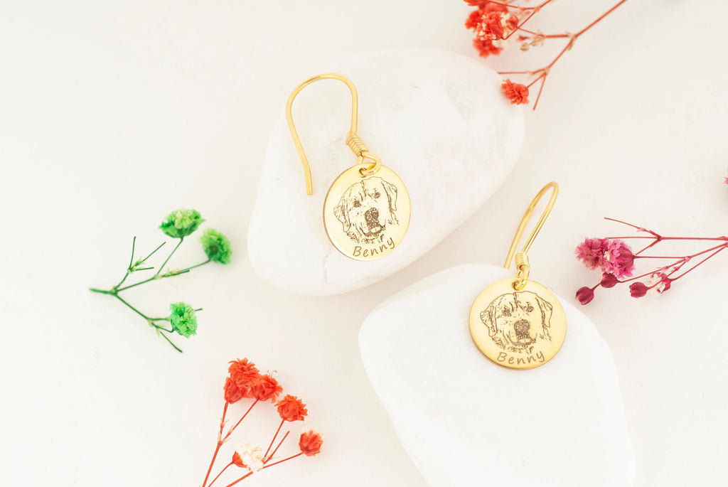 Personalized 14K Gold Pet Photo Earrings, Custom Pet Portrait Earrings,14K Gold Dog Photo Earrings, Pet Earrings, Dog Earrings, Pet Jewelry