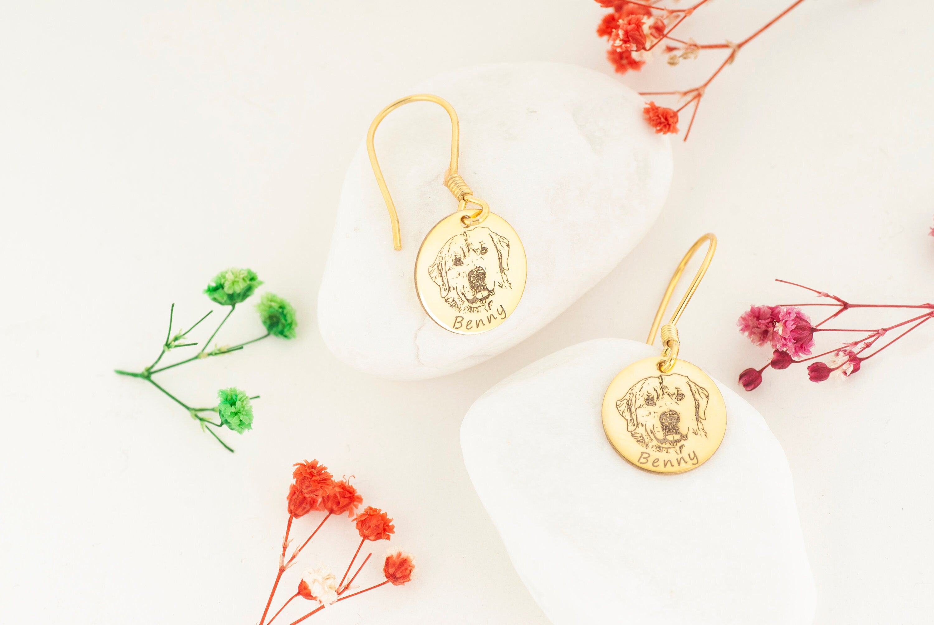 Personalized 14K Gold Pet Photo Earrings, Custom Pet Portrait Earrings,14K Gold Dog Photo Earrings, Pet Earrings, Dog Earrings, Pet Jewelry