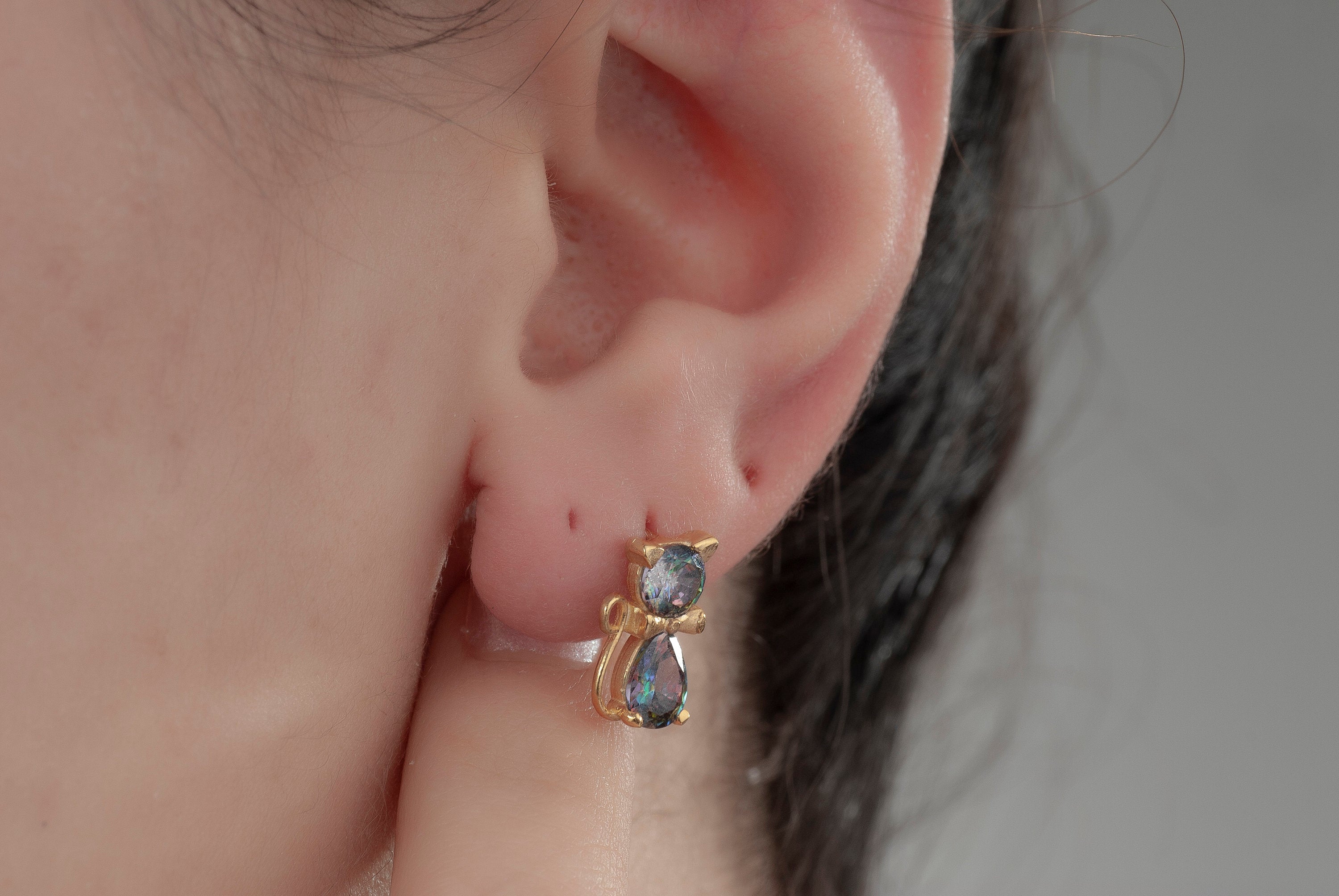 Silver Mystical Topaz Cat Earrings, Bowtie Cat Earrings, Cat Studs Earrings, Cat Dangle Earrings For Cat Mom, Kitty Earrings, Gift For Mom
